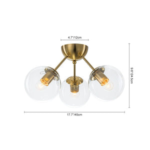 LightFixturesUSA - Brass Mid - Century 3 - Light Glass Globe Semi Flush Mount - Ceiling Light - Clear - 