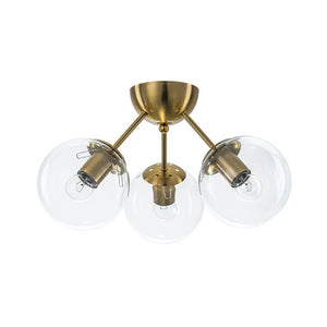 LightFixturesUSA - Brass Mid - Century 3 - Light Glass Globe Semi Flush Mount - Ceiling Light - Clear - 