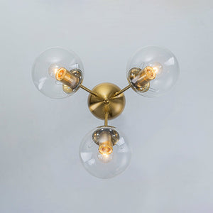 LightFixturesUSA - Brass Mid - Century 3 - Light Glass Globe Semi Flush Mount - Ceiling Light - Clear - 