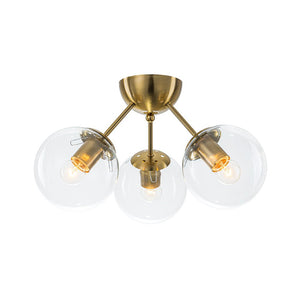 LightFixturesUSA - Brass Mid - Century 3 - Light Glass Globe Semi Flush Mount - Ceiling Light - Clear - 