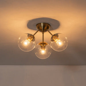 LightFixturesUSA - Brass Mid - Century 3 - Light Glass Globe Semi Flush Mount - Ceiling Light - Clear - 