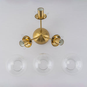 LightFixturesUSA - Brass Mid - Century 3 - Light Glass Globe Semi Flush Mount - Ceiling Light - Clear - 