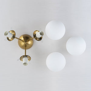 LightFixturesUSA - Brass Mid - Century 3 - Light Glass Globe Semi Flush Mount - Ceiling Light - White - 