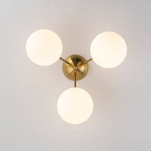 LightFixturesUSA - Brass Mid - Century 3 - Light Glass Globe Semi Flush Mount - Ceiling Light - White - 