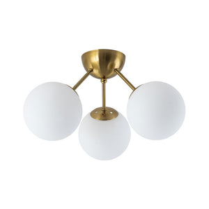 LightFixturesUSA - Brass Mid - Century 3 - Light Glass Globe Semi Flush Mount - Ceiling Light - White - 