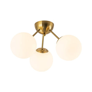 LightFixturesUSA - Brass Mid - Century 3 - Light Glass Globe Semi Flush Mount - Ceiling Light - White - 