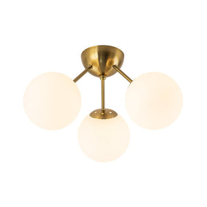 LightFixturesUSA - Brass Mid - Century 3 - Light Glass Globe Semi Flush Mount - Ceiling Light - White - 