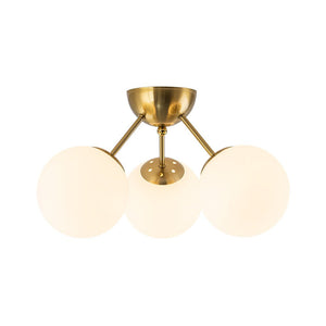 LightFixturesUSA - Brass Mid - Century 3 - Light Glass Globe Semi Flush Mount - Ceiling Light - White - 