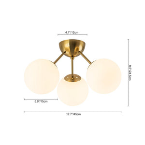 LightFixturesUSA - Brass Mid - Century 3 - Light Glass Globe Semi Flush Mount - Ceiling Light - White - 