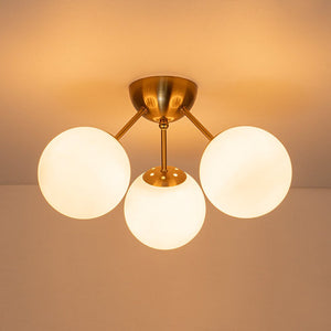 LightFixturesUSA - Brass Mid - Century 3 - Light Glass Globe Semi Flush Mount - Ceiling Light - White - 