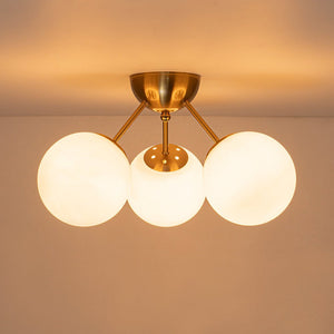 LightFixturesUSA - Brass Mid - Century 3 - Light Glass Globe Semi Flush Mount - Ceiling Light - White - 