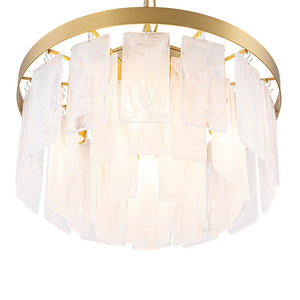 LightFixturesUSA - Brass Round Tiered Opal Swirl Glass Pendant Chandelier - Ceiling Light - Brass - 