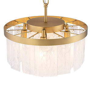 LightFixturesUSA - Brass Round Tiered Opal Swirl Glass Pendant Chandelier - Ceiling Light - Brass - 