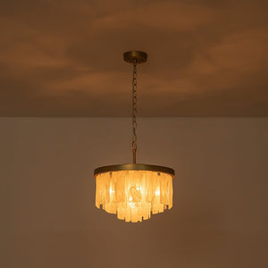 LightFixturesUSA - Brass Round Tiered Opal Swirl Glass Pendant Chandelier - Ceiling Light - Brass - 