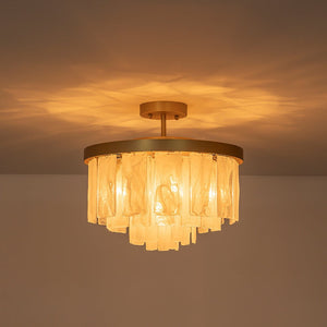 LightFixturesUSA - Brass Round Tiered Opal Swirl Glass Pendant Chandelier - Ceiling Light - Brass - 