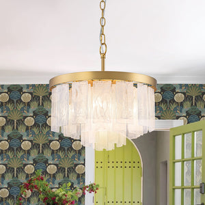 LightFixturesUSA - Brass Round Tiered Opal Swirl Glass Pendant Chandelier - Ceiling Light - Brass - 