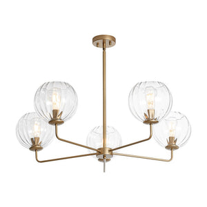LightFixturesUSA - Brass Striped Ribbed Glass Globe 5 - light Sputnik Chandelier - Chandelier - Brass - 
