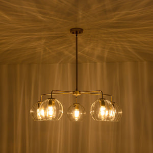 LightFixturesUSA - Brass Striped Ribbed Glass Globe 5 - light Sputnik Chandelier - Chandelier - Brass - 