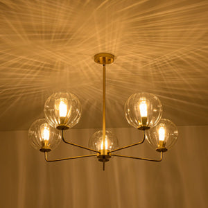 LightFixturesUSA - Brass Striped Ribbed Glass Globe 5 - light Sputnik Chandelier - Chandelier - Brass - 