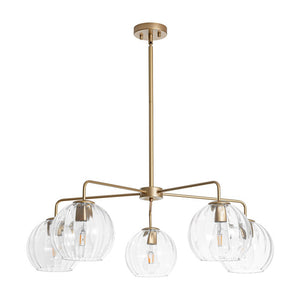 LightFixturesUSA - Brass Striped Ribbed Glass Globe 5 - light Sputnik Chandelier - Chandelier - Brass - 
