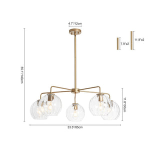 LightFixturesUSA - Brass Striped Ribbed Glass Globe 5 - light Sputnik Chandelier - Chandelier - Brass - 