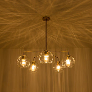LightFixturesUSA - Brass Striped Ribbed Glass Globe 5 - light Sputnik Chandelier - Chandelier - Brass - 
