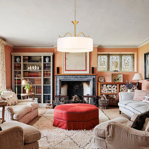 LightFixturesUSA - Brass White Fabric Drum Cage Semi Flush Dual Mount Chandelier - Chandelier - 18.9 in - 