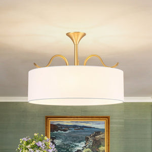 LightFixturesUSA - Brass White Fabric Drum Cage Semi Flush Dual Mount Chandelier - Chandelier - 18.9 in - 