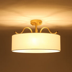 LightFixturesUSA - Brass White Fabric Drum Cage Semi Flush Dual Mount Chandelier - Chandelier - 18.9 in - 