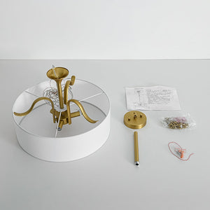 LightFixturesUSA - Brass White Fabric Drum Cage Semi Flush Dual Mount Chandelier - Chandelier - 18.9 in - 