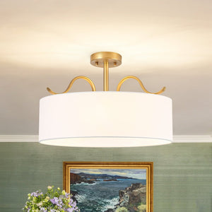 LightFixturesUSA - Brass White Fabric Drum Cage Semi Flush Dual Mount Chandelier - Chandelier - 18.9 in - 