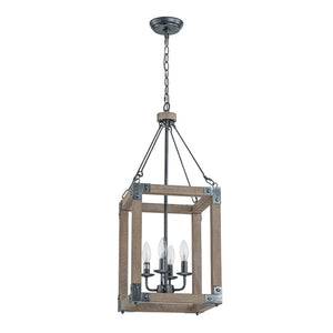 LightFixturesUSA - Candle Style Weathered Wooden Square Cage Pendant Light - Chandelier - Rustic - 