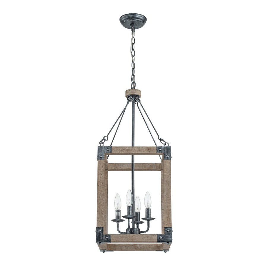 LightFixturesUSA - Candle Style Weathered Wooden Square Cage Pendant Light - Chandelier - Rustic - 