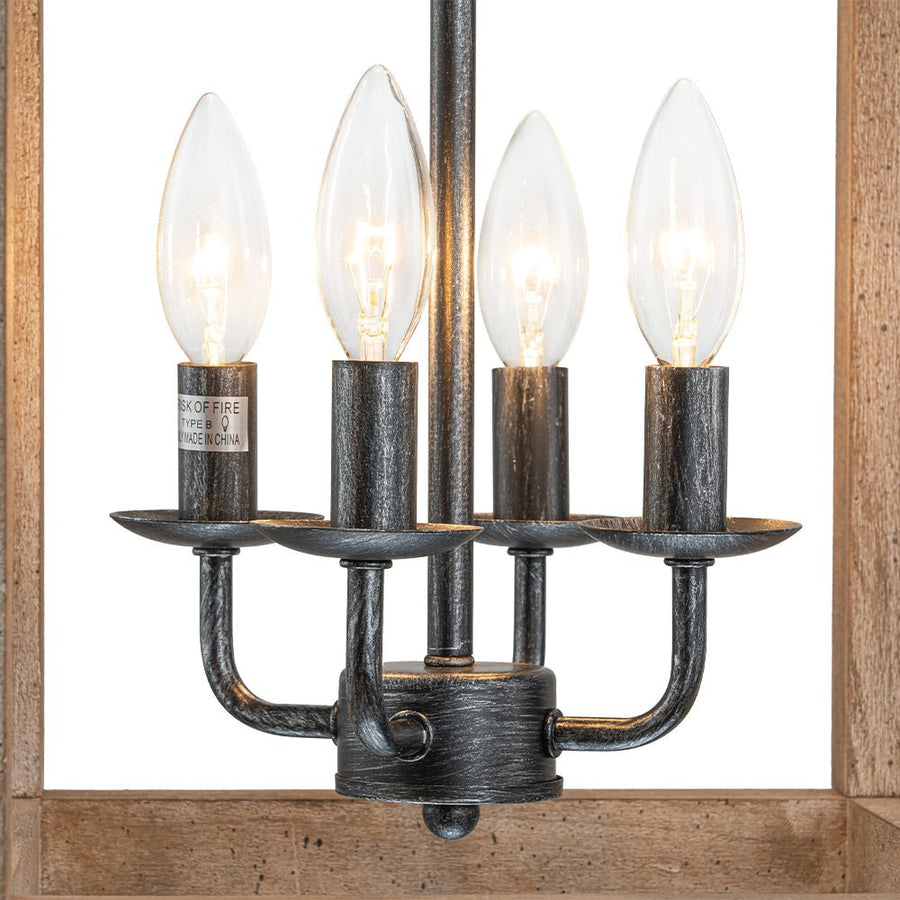 LightFixturesUSA - Candle Style Weathered Wooden Square Cage Pendant Light - Chandelier - Rustic - 