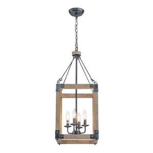 LightFixturesUSA - Candle Style Weathered Wooden Square Cage Pendant Light - Chandelier - Rustic - 