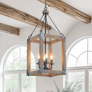 LightFixturesUSA - Candle Style Weathered Wooden Square Cage Pendant Light - Chandelier - Rustic - 