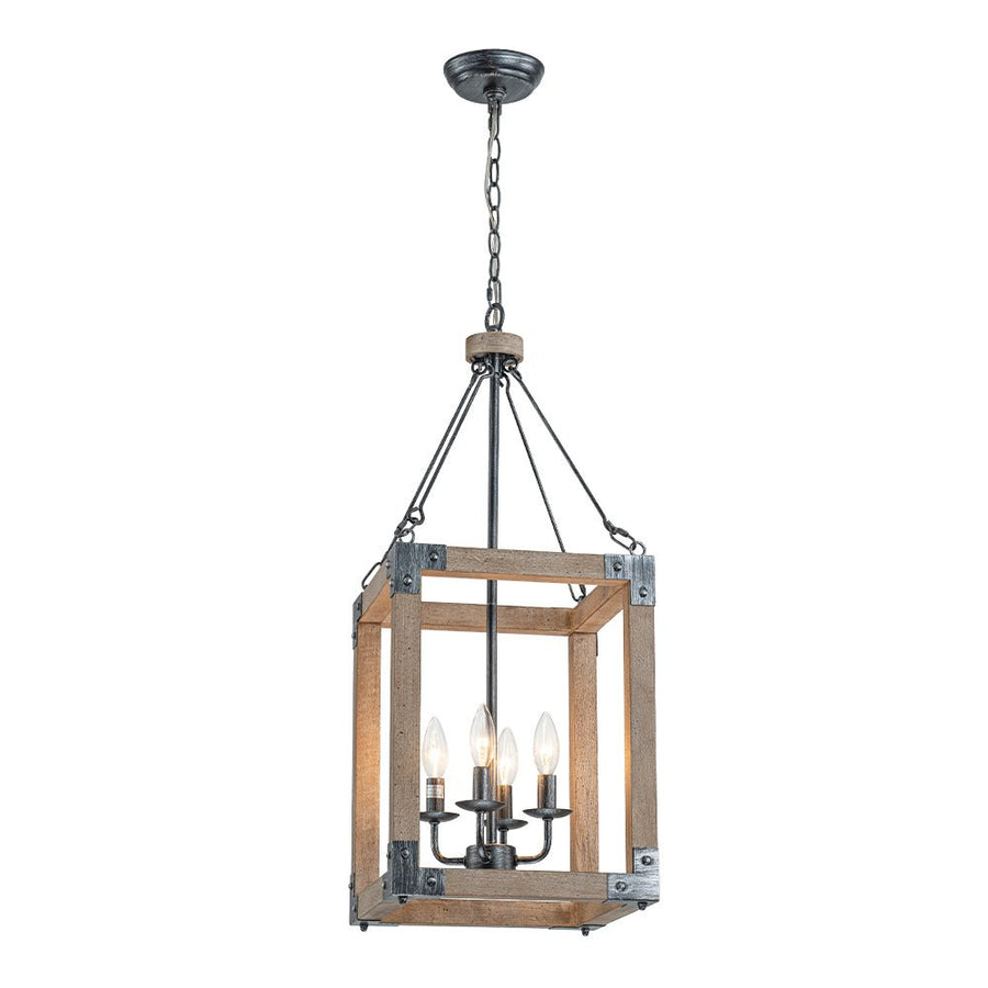 LightFixturesUSA - Candle Style Weathered Wooden Square Cage Pendant Light - Chandelier - Rustic - 