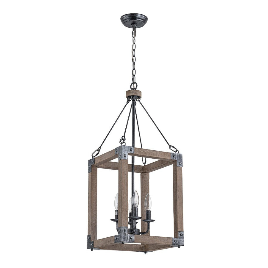 LightFixturesUSA - Candle Style Weathered Wooden Square Cage Pendant Light - Chandelier - Rustic - 