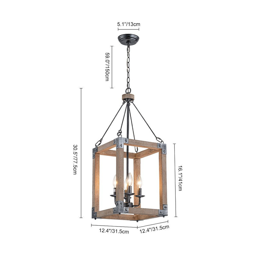 LightFixturesUSA - Candle Style Weathered Wooden Square Cage Pendant Light - Chandelier - Rustic - 