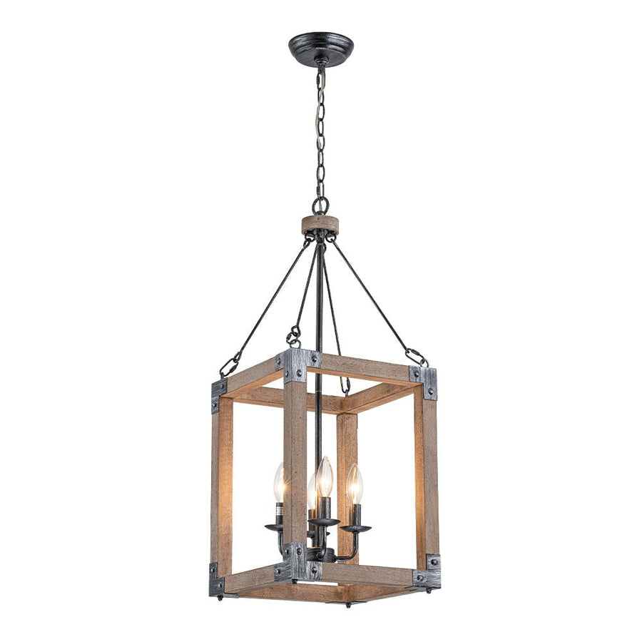 LightFixturesUSA - Candle Style Weathered Wooden Square Cage Pendant Light - Chandelier - Rustic - 