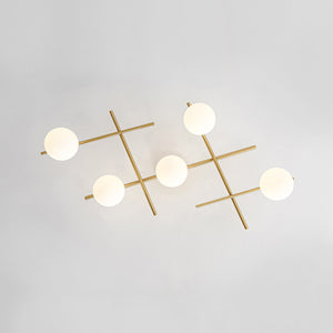 LightFixturesUSA-Celestial 5-Light Opal Glass Linear Sputnik Semi Flush Chandelier-Ceiling Light-Brass-