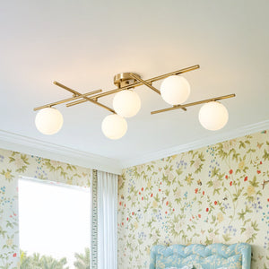 LightFixturesUSA-Celestial 5-Light Opal Glass Linear Sputnik Semi Flush Chandelier-Ceiling Light-Brass-