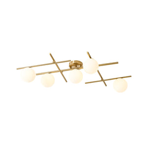 LightFixturesUSA-Celestial 5-Light Opal Glass Linear Sputnik Semi Flush Chandelier-Ceiling Light-Brass-