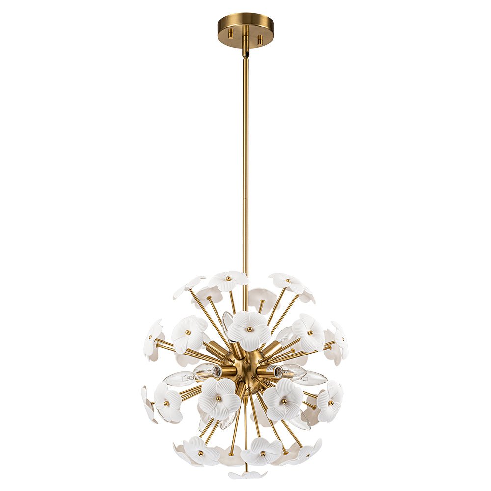 Ceramic Hoya Floral Brass Sunburst Sphere Chandelier LightFixturesUSA