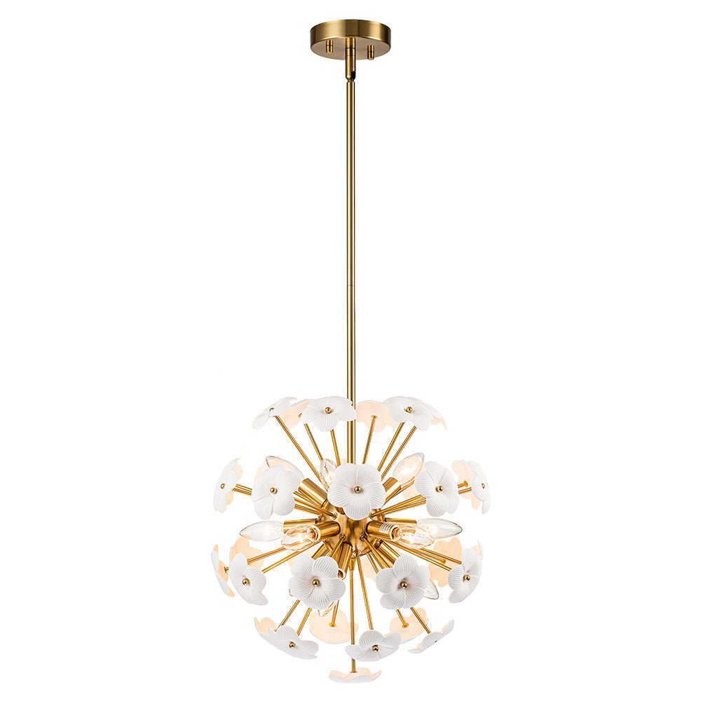 Ceramic Hoya Floral Brass Sunburst Sphere Chandelier LightFixturesUSA