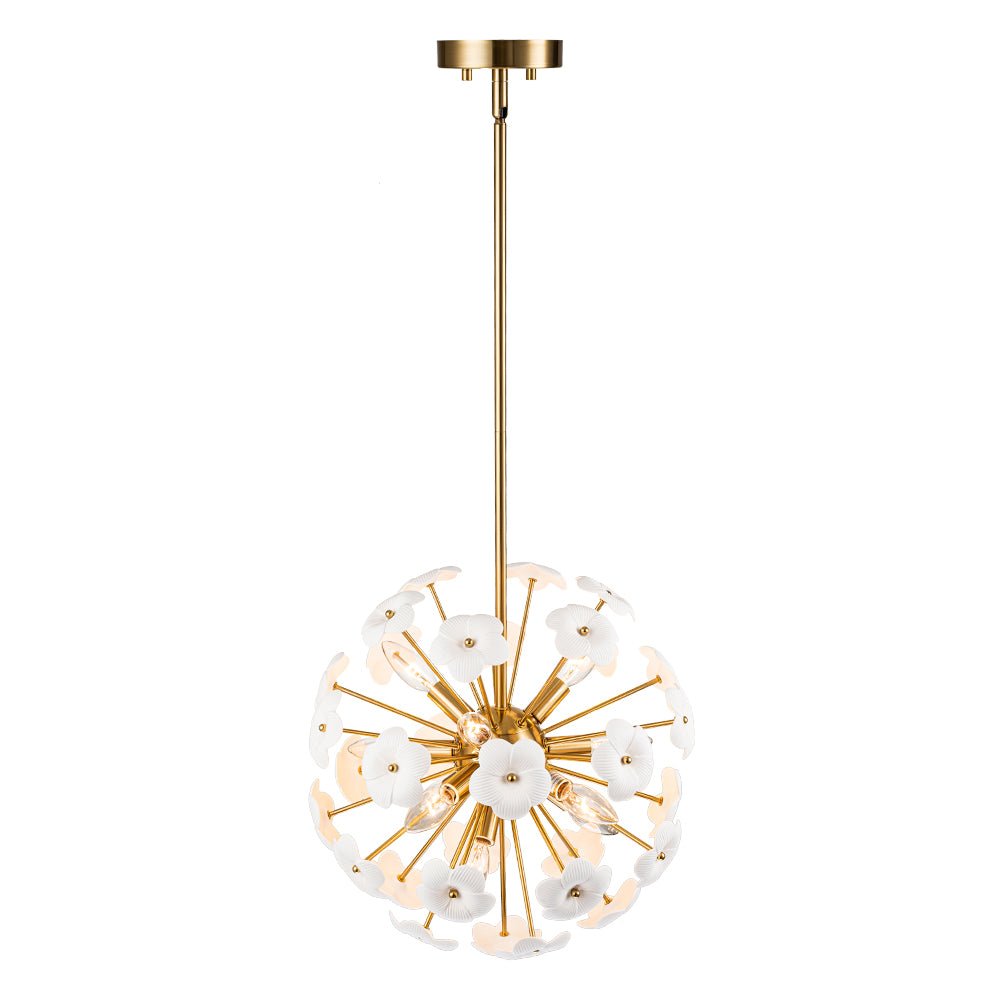 Ceramic Hoya Floral Brass Sunburst Sphere Chandelier LightFixturesUSA