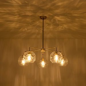 LightFixturesUSA - Clear Hammered Glass Globe 5 - light Round Sputnik Chandelier - Chandelier - Brass - 