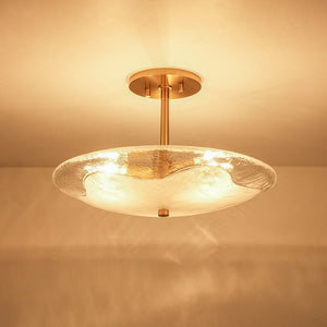 LightFixturesUSA - Cloudy Style Textured Glass Shallow Bowl Round Semi Flush Mount - Ceiling Light - Brass - 