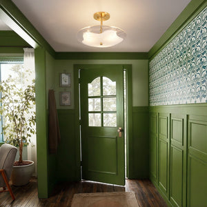 LightFixturesUSA - Cloudy Style Textured Glass Shallow Bowl Round Semi Flush Mount - Ceiling Light - Brass - 