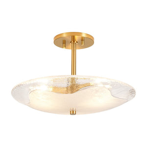 LightFixturesUSA - Cloudy Style Textured Glass Shallow Bowl Round Semi Flush Mount - Ceiling Light - Brass - 